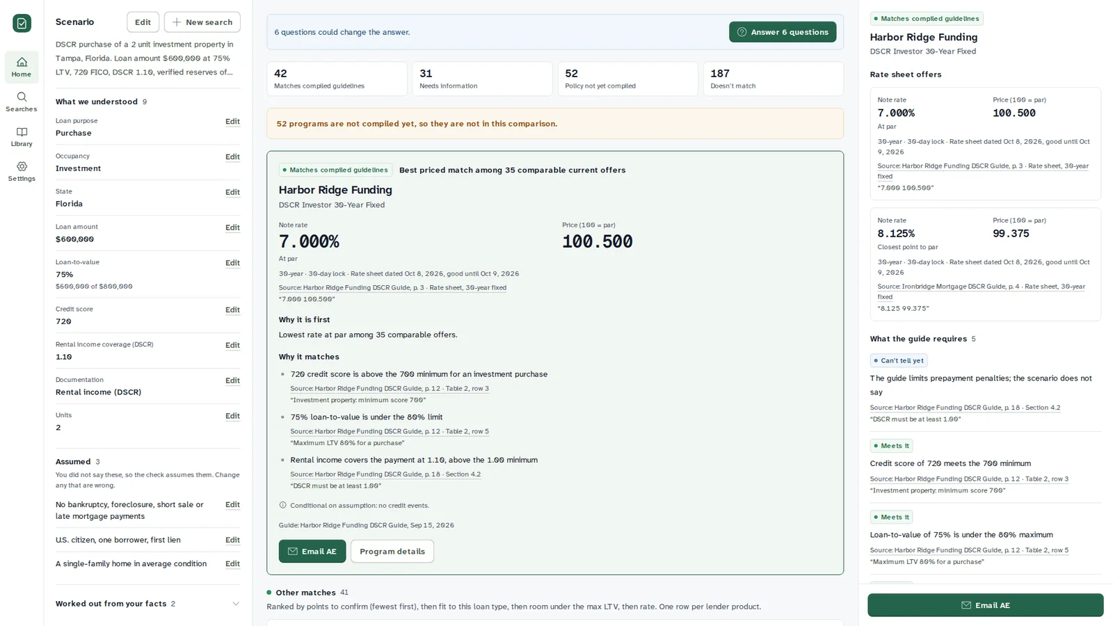 Loan Genie checking a sample investment purchase against lender guidelines, with the best match, its rate, and the guide passage behind each reason.