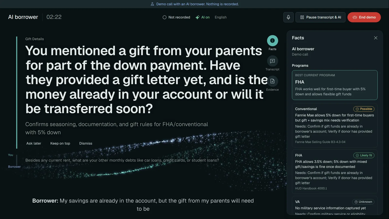 Loan Whisper during a demo call with an AI borrower, suggesting the next question and ranking loan programs with guide citations.